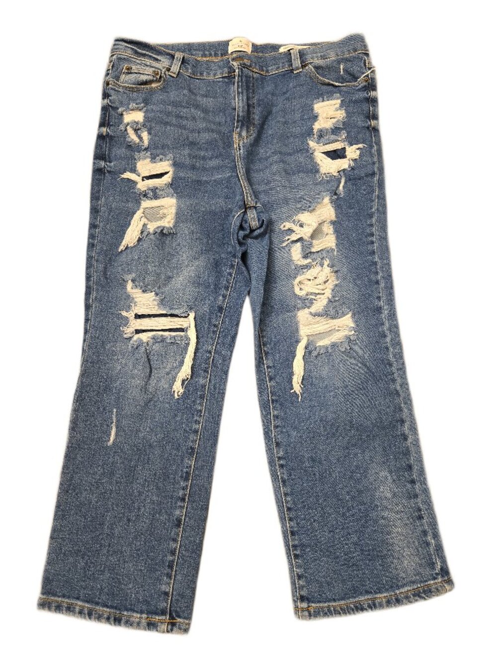 Womens True Craft Distressed Cropped Baggy Straight Jeans Size 16W Blue Denim